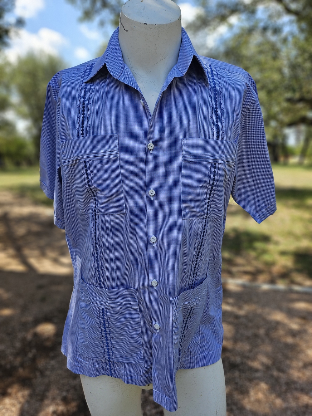 Dos Carolinas Guayabera Blue Check Embroidered Trim Cotton Short Sleeve Shirt L
